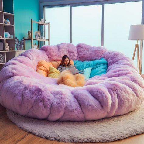 Giant Circular Movie Sofas: Cinematic Comfort for Your Home Theater Giant Pillow Bed, Big Round Bed, Circle Corner Bed, Cozy Fluffy Sofa, Circular Movie Sofa, Sofa Ideas For Bedroom, Blowup Couch, Giant Circular Movie Sofa, Cozy Couches Living Room Sofas