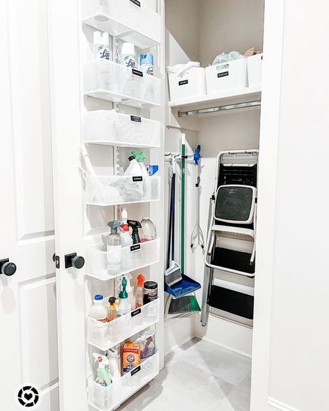 Type A Lifestyle Co. on Instagram: "Do you need extra space in a closet? We always recommend the Elfa over-the-door rack. Now, in this cleaning closet, all the cleaning supplies are visible and easy to grab!  Follow my shop @typealifestylecompany on the @shop.LTK app to shop this post and get my exclusive app-only content!  #liketkit #LTKfamily #LTKhome #LTKstyletip @shop.ltk https://liketk.it/4twcX #cleaningcloset #organizedcloset #containerstore #elfa #laundryroomorganization #laundryroommakeover #laundryroomgoals #organizedhome #organize #professionalorganizer #nashvilleorganizer #nashville #typealifestylecompany" Cleaner Closet Organization, Cleaning Supply Storage Closet, Small Cleaning Closet Organization, Cleaning Supplies Organization Closet, Closet Storage For Cleaning Supplies, Organizing Cleaning Supplies Closet, Elfa Door Organizer, Cleaning Closet Organization, Lifestyle Co