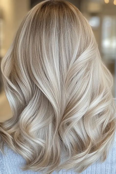 Blonde hair with soft waves, styled in layers, viewed from the back. Blonde Toned Hair Shades, Blonde Silver Hair Color Ideas, Pale Honey Blonde Hair, Ashy Dark Blonde Hair With Highlights, Extra Light Ash Blonde Hair, California Blonde Highlights, Cool Champagne Blonde Hair, Blonde Hair All Over Color, Blond Balayage On Blonde Hair