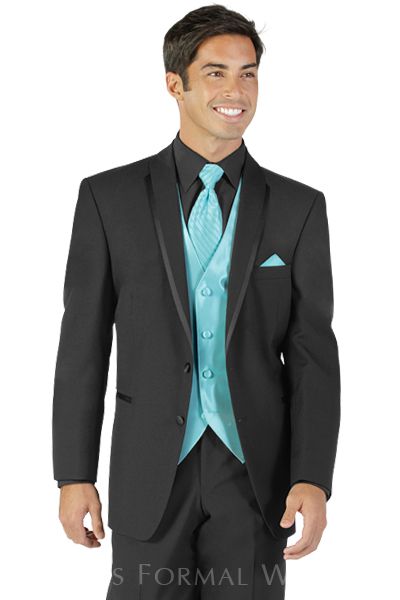 available at Spotlight Formal Wear Teal Tuxedo For Men, Turquoise Tuxedo Wedding, Teal Tuxedo Wedding, Turquoise Tuxedo, Black Suit Teal Tie, All Black Suit, Wedding Tux, Prom Dresses 2017, Wedding Options