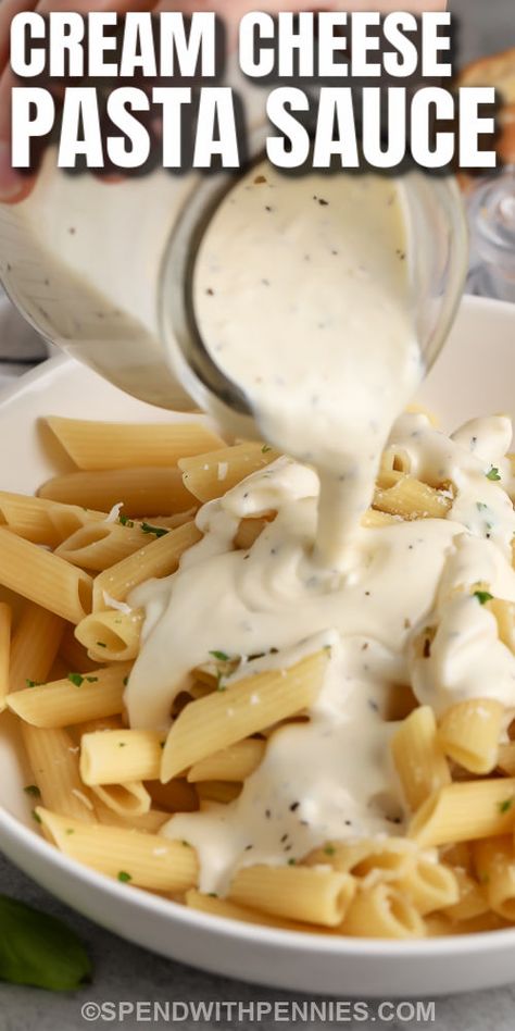 Make this super easy white sauce by blending cream cheese and lots of melty parmesan cheese. It’s just the right sauce for any shape of pasta. Want to stretch this dish even further for a crowd? Add some cooked chicken, shrimp, or even turkey for an extra dose of protein! The whole family will love this easy creamy sauce with pasta, and it's quick enough for a busy weeknight dinner. #spendwithpennies #creamcheesepastasauce #sauce #recipe Easy Fresh Tomato Sauce, Creamy Cheese Pasta, Easy Creamy Sauce, Cream Cheese Delight, Cream Cheese Pasta Sauce, Cheesy Pasta Sauce, Cheese Pasta Sauce, Pasta Sauce Recipes Easy, Easy White Sauce