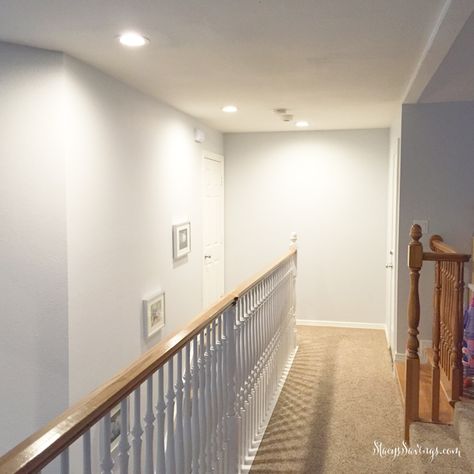 lights-over-stairs-after Updating Staircase, Diy Recessed Lighting, Stairwell Lighting, Recessed Lights, Staircase Lighting, The Staircase, The 80's, Recessed Lighting, Easy Diy