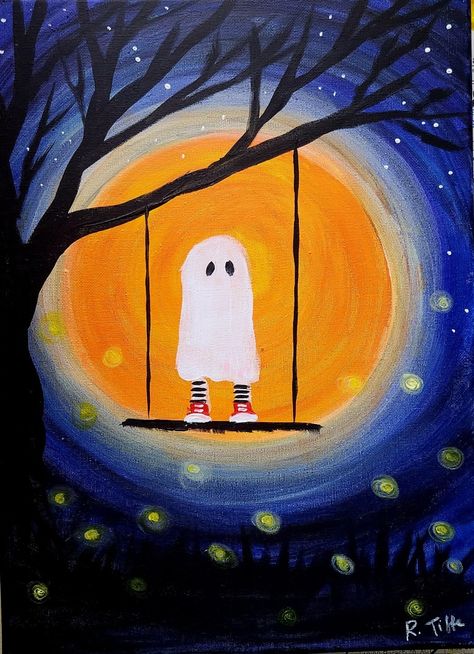 Acrylic canvas painting. Easy Halloween Scenes To Paint, Autumn Art Painting Acrylics, Autumn Canvas Painting Easy, Fall Themed Paintings On Canvas, Halloween Acrylic Painting Ideas Easy, Halloween Paintings Easy, Simple Fall Paintings, Canvas Painting Easy, Creative Vibes