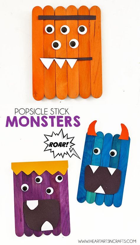 Popsicle Stick Monsters - I Heart Arts n Crafts Stick Crafts For Kids, Popsicle Stick Crafts For Kids, Monster Craft, Halloween Kunst, Popsicle Crafts, Crafts For Teens To Make, Stick Crafts, Summer Crafts For Kids, Popsicle Stick Crafts