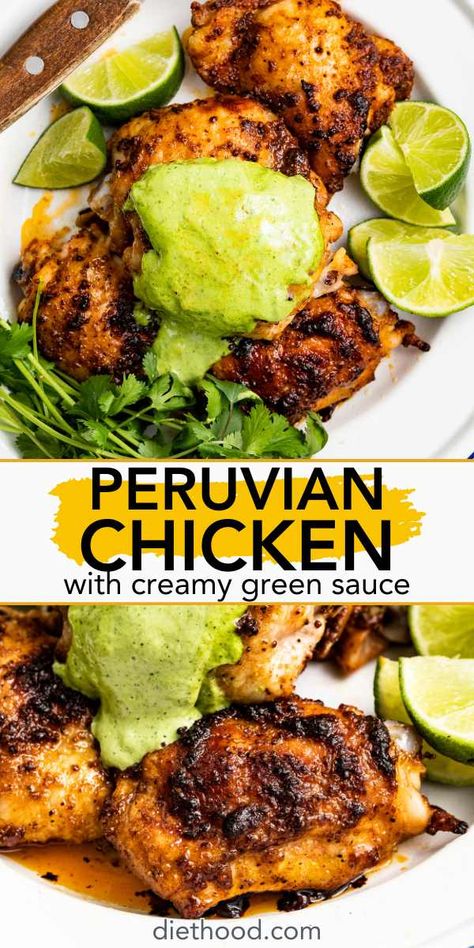 Peruvian Chicken, also known as pollo Peruano, is made by marinating chicken thighs in a mix of olive oil, lime juice, and spices and then roasting the chicken until juicy and crispy. It's served with a delicious creamy green sauce for added flavor. Peruvian Chicken With Green Sauce, Chicken With Green Sauce, Peruvian Chicken Recipe, Popular Meals, Creamy Cilantro Sauce, Honey Mustard Chicken Thighs, Green Sauce Recipe, Chicken Pollo, Peruvian Chicken