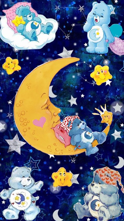 A Care Bear college featuring Bedtime Bear 🌙 ✨️ #carebears #bedtime #blue #blueaesthetic #cartoon #80s #80saesthetic #vintage #retro #happy #fun Carebear Wallpapers, Bedtime Bear Carebear, Sleepy Care Bear, Care Bears Aesthetic Wallpaper, Blue Bear Wallpaper, Blue Care Bear, Shelf Painting, Bear Background, Bedtime Bear