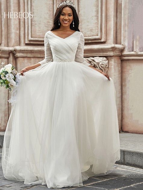 Let Us Help You Find Your Dream Dress At Your Dream Price. All sizes+Fast shipping! Ruched Top Wedding Dress, February Wedding Dress, Godly Wedding, Train Wedding Dresses, Sweep Train Wedding Dress, Train Wedding, Dresses 2022, Tulle Sleeves, 2022 Wedding