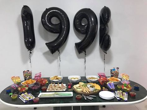 The food table set up for my brothers 90s themed 25th birthday party. #90sfoodinspo 1994 Party Theme, Themed 25th Birthday Party, 90s Themed Birthday, 25th Birthday Party, Victoria + Core, 90s Food, Food Set Up, 25th Birthday Parties, 90's Birthday Party