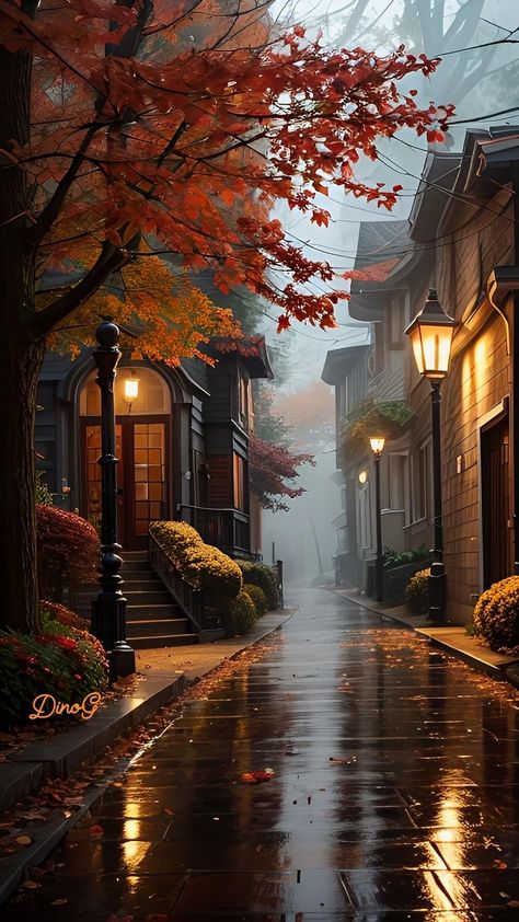 Rain Nature Photography, Rainy Fall Aesthetic, Beautiful Autumn Scenery, Rainy Streets, Evening Wallpaper, Rainy Wallpaper, Rainy Street, Autumn Evening, Dreamy Artwork