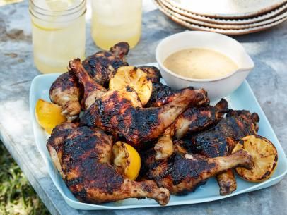 Grilled Lemonade Chicken Recipe | Food Network Kitchen | Food Network Lemonade Chicken, Game Hens, Chicken Leg Quarters, Summer Food Party, Classic Potato Salad, Ras El Hanout, Grilled Corn, Blood Orange, Food Network