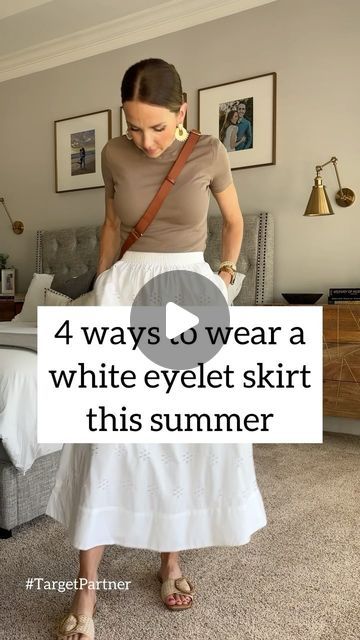 Merrick White / Style Educator on Instagram: "4 ways to wear a white eyelet skirt this summer. This cute one from @target is only $30! #Ad  Which way is your favorite? Tell me! 👇🏼  Comment below with the word LINK and I’ll send you a DM with everything I’m wearing.  #TargetPartner #targetstyle #liketkit @shop.ltk @targetstyle https://liketk.it/4IWvI" Boho Maxi Skirt Outfit Summer, Black Eyelet Skirt Outfit, Cream Tulle Skirt Outfit, White Summer Skirt Outfit, How To Style A White Maxi Skirt, White A Line Skirt Outfit, What To Wear With A White Skirt, White Eyelet Skirt Outfit, How To Style White Skirt