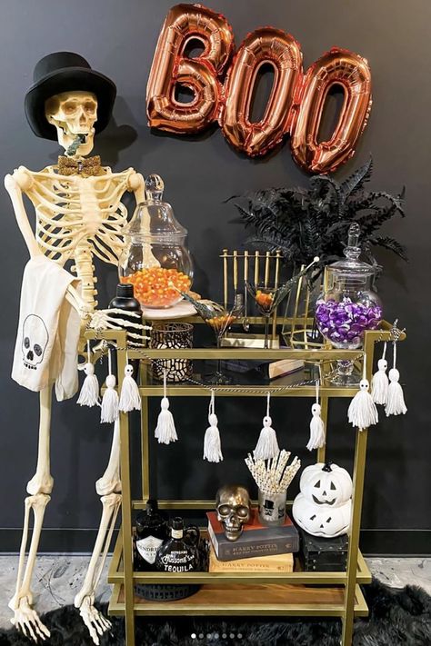 Halloween Bar Cart Decorating Ideas Cart Decorating Ideas, Halloween Bar Cart, Cheers Witches, Creepy Home Decor, Halloween Living Room, Best Costumes, Halloween Bar, Witches Halloween, Bar Cart Decor