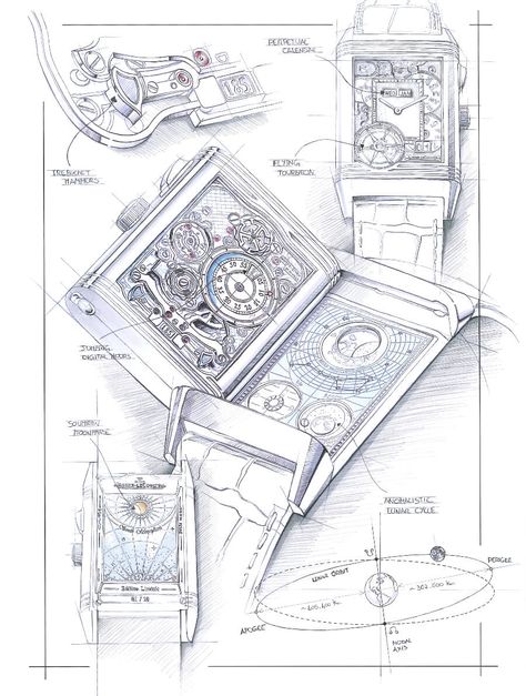 Jaeger-LeCoultre Reverso Hybris Mechanica Calibre 185 Watch Timex Marlin, Watch Sketch, Accessories Design Sketch, Rendering Drawing, Ring Sketch, Mens Rolex, Watch Drawing, Jaeger Lecoultre Reverso, Cool Color Palette