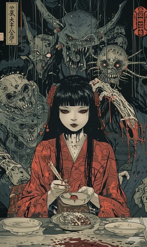 Japanese Gothic Art, Japanese Demon Wallpaper, Japanese Monster Art, Halloween Wallpaper Creepy, Japanese Horror Aesthetic, Gothic Illustration Art, Japanese Horror Wallpaper, Japanese Creepy Art, Aesthetic Wallpaper Horror