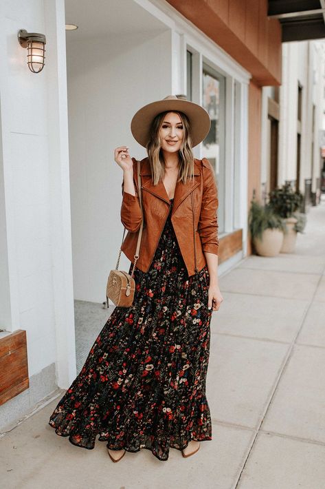 How to wear a maxi dress in the Fall Floral Dress Jacket Outfit, Floral Maxi Dress With Leather Jacket, Boho Dress With Jacket, Long Dress Winery Outfit, Floral Maxi Skirt Outfit Winter, Hats With Dresses Outfits, How To Style A Maxi Dress For Winter, Dress With Leather Jacket Outfit, Dresses With Leather Jackets