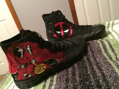 Spread the word,bird! :)   Etsy.com/shop/ArtScribbles Dsw Boots, Fitness Shirts, Deadpool And Spiderman, Painted Vans, Dead Pool, Custom Converse, Hand Painted Shoes, Fitness Leggings, Diy Shoes