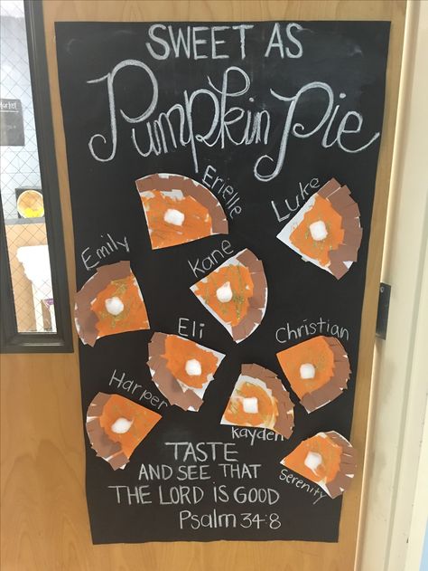 Thanksgiving classroom door- sweet as pumpkin pie   Mrs Adams Fall Door For Preschool, Sweet As Pumpkin Pie Classroom Door, Thanksgiving Class Door Decorations, Thanksgiving Daycare Decorations, Fall Themes For Infant Classroom, Infant Classroom Halloween Ideas, Thanksgiving Door Decorations Classroom Turkey, Fall Classroom Party Decorations, Sweet As Pie Door Decor