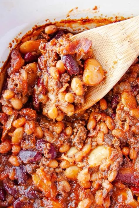 Calico Baked Beans | Foodtalk Calico Beans Crockpot, Baked Beans With Hamburger And Bacon, Kardea Brown Baked Beans, Crock Pot Calico Beans, Calico Beans With Hamburger And Bacon, Calico Baked Beans, Calico Beans Recipe, Bbq Meals, Calico Beans