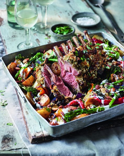 Rack of lamb, potato and pepper tray roast | delicious. magazine Party Food Main Dish, Dinner Party Mains, Easy Dinner Party Recipes, Roast Rack Of Lamb, Jewish Food, Tray Bake, Weekend Cooking, Rack Of Lamb, Roast Beef Recipes