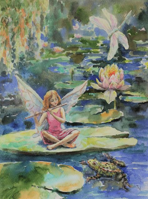 Fairy on a sheet of water lilies. Watercolor. Old pond A frog jumped into the water A surge in silence  Summer day at the pond, dragonfly, frog, fairy on a leaf of a water lily.  Watercolor, watercolor paper Frog Watercolor, Faery Art, Fairy Paintings, Fairy Drawings, Art Mignon, Fairy Artwork, Art Ancien, Flower Fairies, Fairytale Art