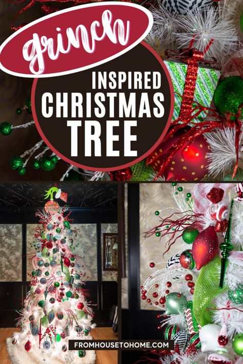 This Grinch Christmas tree decor is so fun! I love the DIY Grinch Christmas ornaments and the awesome Grinch Christmas tree topper! I'm totally doing this for my Christmas decorations this year. Diy Grinch Christmas Tree, Grinch Themed Christmas Tree, Grinch Christmas Tree Ideas, Grinch Tree Topper, A Grinch Christmas, Grinch Themed Christmas, Grinch Christmas Tree Topper, Diy Grinch, Grinch Tree