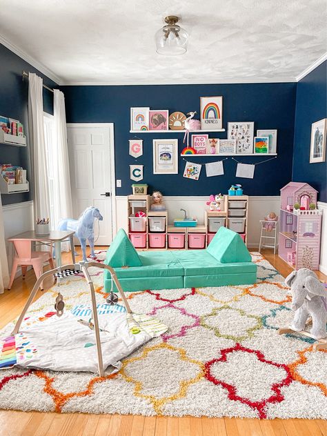 Navy Blue Playroom, Playroom Set Up, Teal Playroom, Playroom Color Scheme, Playroom Colors, Playroom Addition, Kids Playroom Design, Playroom Paint Colors, Playroom Layout