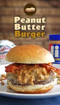 The peanut butter burger is a gooey, but delicious mess. This killer burger is topped with peanut butter, bacon, and mayo. Peanut Butter Burger, Butter Burger, Peanut Butter Bacon, Butter Burgers, Cooking Bacon, Chicken Healthy, Gourmet Burgers, Hamburger Recipes, Burgers Sandwiches