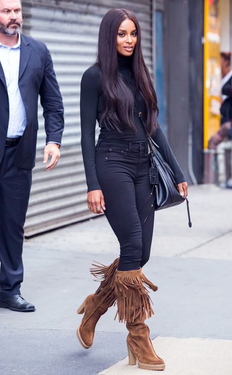 Ciara from Gimme That! Celeb Boots  In Ralph Lauren Trudy Suede Fringed Boot, $575 Fringe Boots Outfit Winter, Brown Fringe Boots Outfit, Ciara Fashion, Fringe Boots Outfit, Ciara Style, Statement Boots, Outfits 2014, Fashion Tumblr, Brown Fringe