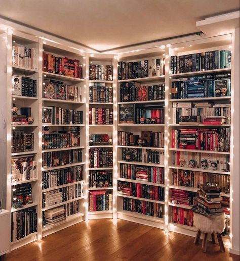 Bookshelf With Lights, Organizing Bookshelf, Bookcase In Bedroom, Beautiful Bookshelves, Dream Home Library, Aesthetic Library, Home Library Rooms, Future Library, Beautiful Bookshelf