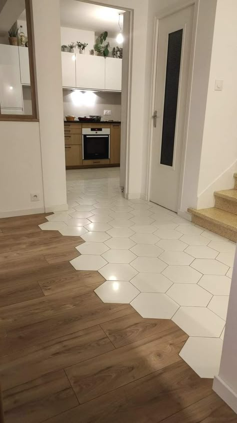 Hexagon Tile And Wood Floor Transition, Tiles To Wood Floor Transition, Haring Bone Flooring, Hexagon Tile To Wood Transition, Tile Transitions Between Rooms, Tile Into Wood Flooring Transition, Different Flooring Ideas, White Oak Flooring Kitchen, Mixed Flooring Ideas Wood And Tile