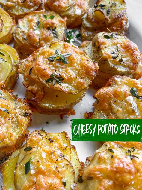 Cheesy Potato Stacks, Potato Stackers Recipe, Stacked Potatoes, Creamy Potato Stacks, Sliced Potato Stacks, Crispy Cheesy Garlic Potato Stacks, Southwest Potato Stacks, Creamy Parmesan Potato Stacks, Potatoe Stacks With Garlic Herb Butter