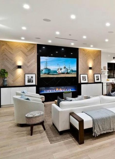 Long Living Room Tv Wall, Large Media Wall Ideas, Asymmetrical Entertainment Wall, Entertainment Center Large Wall, Big Living Room Tv Wall Ideas, Long Wall With Tv Decorating Ideas, Statement Tv Wall, Large Tv Living Room, Decorate Entertainment Center