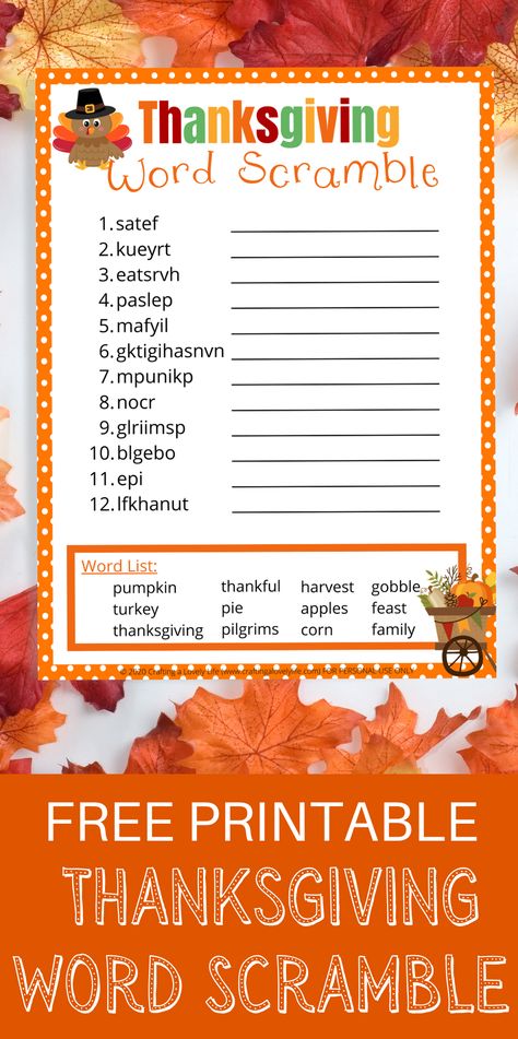 This free Thanksgiving Word Scramble is such a fun activity to do this year to celebrate Thanksgiving! This is a Thanksgiving word scramble with answers making it perfect for kids of all ages! #thanksgivingcrafts #activitiesforkids #thanksgiving #wordscramble #freeprintable #thanksgivingcraftforkids #happythanksgiving Thanksgiving Spelling Words, Thanksgiving Puzzles For Kids, Thanksgiving Activities For Seniors, Thanksgiving Word Search Free Printable, Thanksgiving Educational Activities, Word Scramble With Answers, Thanksgiving Word Scramble, Thanksgiving Puzzle, Thanksgiving Word Search