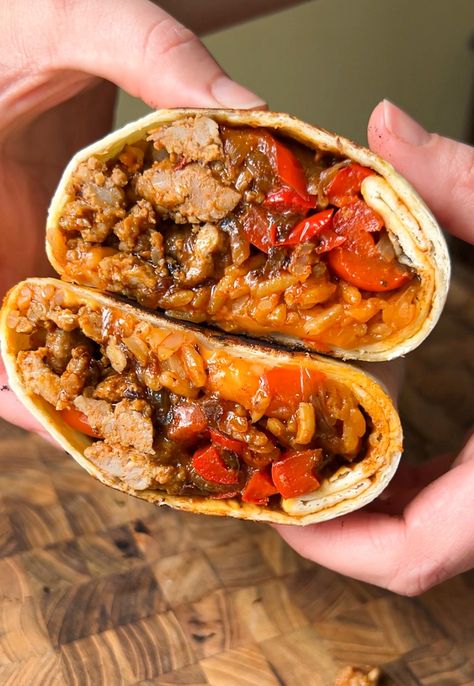 Crispy Sausage + Caramelized Pepper Wraps — Stefanie Phillips Peppers Onions And Sausage, Sausage Wraps Tortilla, Turkey Sausage Peppers And Onions, Sausage Pepper And Onion Stromboli, Sausage Wraps, Crispy Sausage, Sausage And Peppers Sandwich, Sausage Wrap, Lunch Wraps