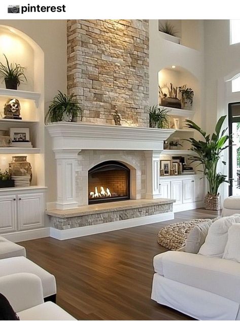 Great Room Fireplace, Room Fireplace, Brick Fireplace Makeover, Fireplace Built Ins, Living Room Decor Fireplace, Fire Places, Fireplace Remodel, Living Room Shelves, Room Shelves