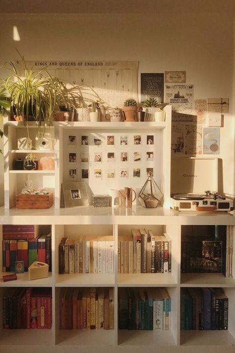 Bookshelves Dorm Room, Vanity With Bookshelves, Displaying Merchandise Ideas, Organized Bookshelves Aesthetic, Aesthetic Bedroom Bookshelves, Room With Bookshelves Aesthetic, Room Ideas Aesthetic Vanity, Aesthetic Bookshelves Bedroom, Desk And Bookshelves In Bedroom