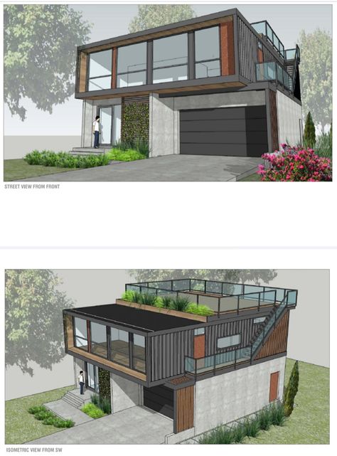 Shipping Container Homes With Garage, Houses With Rooftop Decks, Container House With Garage, Adu With Rooftop Deck, House On Garage, House Plans With Rooftop Deck, Honomobo Homes, Small House With Roof Deck, Rooftop Deck House