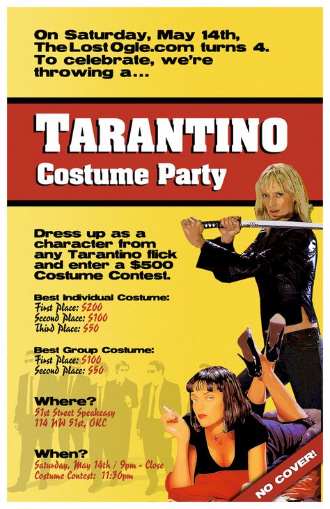 Tarantino Themed Party! How did I not think of this??? Quentin Tarantino Party Theme, Kill Bill Theme Party, Tarantino Party Ideas, Tarentino Costume, Quentin Tarantino Party, Best Group Costumes, Kill Bill Movie, Movie References, Quentin Tarantino Movies