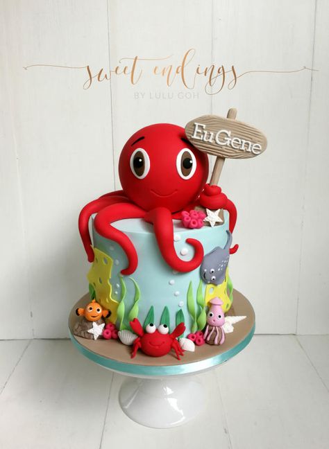 Under the Sea! - cake by Lulu Goh Under The Sea Birthday Cake, Sea Birthday Cake, Ocean Birthday Cakes, Octopus Cake, Birthday Cake With Name, Ocean Cakes, Cake With Name, Nautical Cake, Sea Cakes