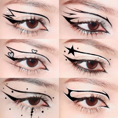 Eyeliner ideas  @hydra_ngea1 Star Eyeliner, Eyeliner Inspo, Eyeliner Ideas, Eyeliner Designs, Cute Eye Makeup, Makeup Face Charts, Face Paint Makeup, Graphic Makeup, Graphic Eyeliner