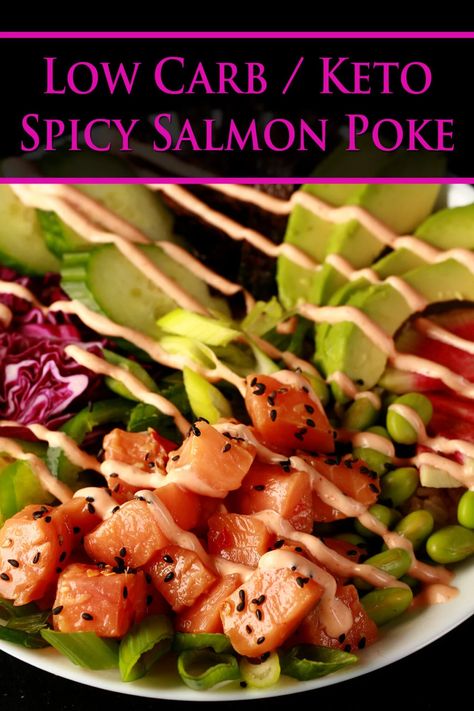 Salmon Poke Bowl Recipe, Salmon Poke Bowl, Low Carb Sushi, High Protein Recipes Dinner, Low Carb Salmon, Low Carb Rice, Tuna Poke Bowl, Poke Bowl Recipe, Keto Salmon