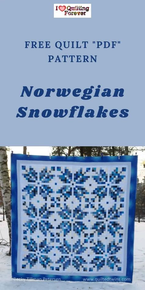 Free Quilt Pattern: Norwegian Snowflakes Quilt Norwegian Snowflake Pattern, Norwegian Star Pattern, Winter Wonderland Quilt Pattern, Norwegian Quilt Patterns, Snowflake Quilt Pattern Free, Snowflake Quilt Blocks Free Pattern, Fair Isle Quilt Pattern, Two Color Quilts Patterns Free, Snowflake Quilt Patterns