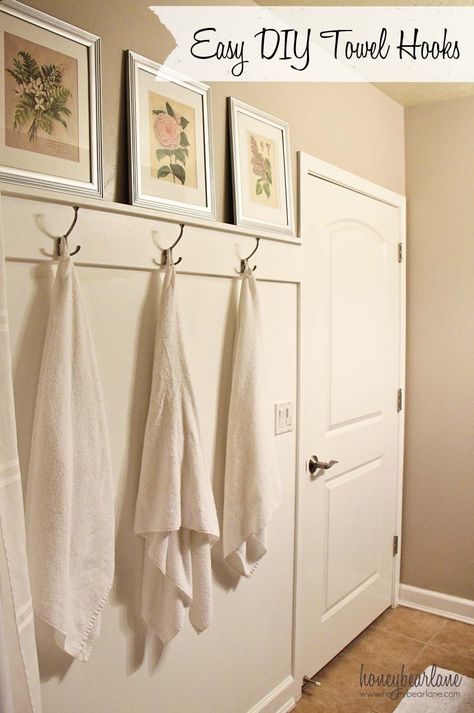 Easy DIY Towel Hooks - Honeybear Lane Bathroom Wainscotting With Towel Hooks, Bath Towel Hooks Bathroom, Towel Hook Wall Bathroom, Towel Hooks Bathroom Wall, Bathroom Hook Wall, Painted Half Wall Bathroom, Bathroom Towel Hook Wall, Bathroom Wall Towel Rack Ideas, Bathroom Wainscotting With Hooks