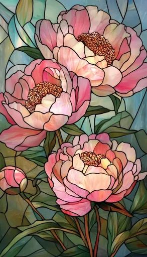 ↑↑↑ Larger size on website 🔸 A stained glass window depicting three pink peonies with intricate details. The flowers are arranged Peony Stained Glass Window, Pink Stained Glass Aesthetic, Stained Glass Window Flower, Stained Glass Floral Patterns, Flower Stained Glass Art, Stained Glass Style Painting, Stained Glass Tattoo Ideas, Stained Glass Patterns Printable, Stained Glass Aesthetic