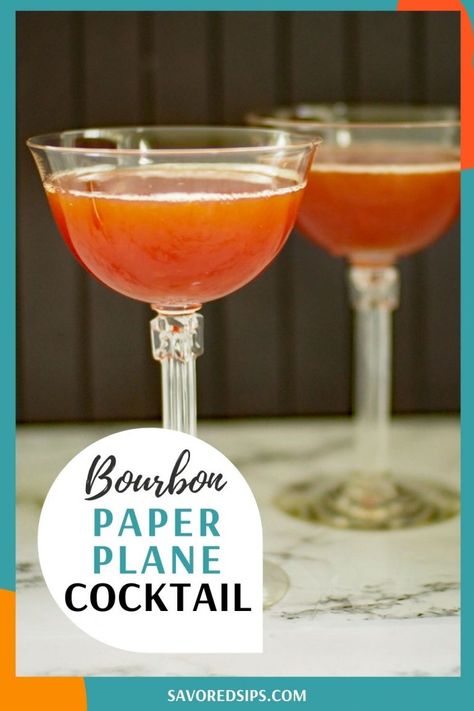 Give this new Paper Plane cocktail a try. Invented in 2008 by award-winning bartender, Sam Ross, this cocktail blends bourbon, Amaro, Aperol and lemon juice. Paper Plane Drink, Paper Plane Cocktail, Top Drinks, Cocktails To Try, Cocktail And Mocktail, Yummy Alcoholic Drinks, Summer Drink Recipes, Best Cocktail Recipes, New Paper