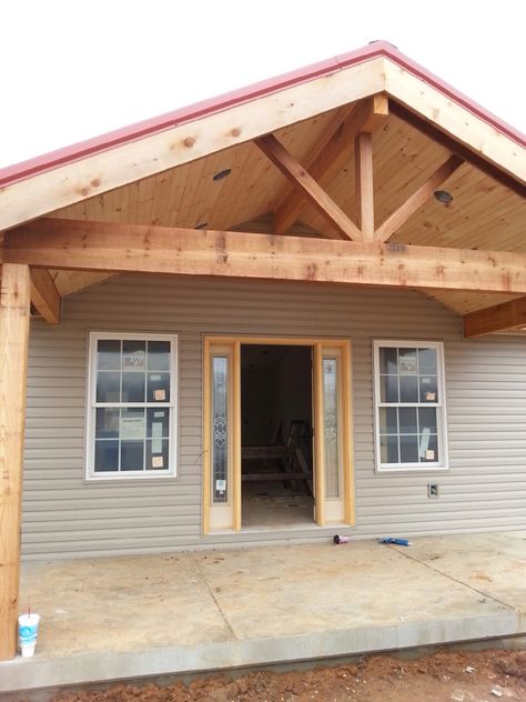 Open gable cedar front porch. #OurNewHome Gable Roof Porch Front Entry Farmhouse, Roof Addition Ideas Front Porch, Front Porch Open Gable, Front Porch Gables, Gable End Porch Cover, Gable Back Porch, Gable Front Porch Ideas, Open Porch Ideas Front Entry, Front Porch Roof Design