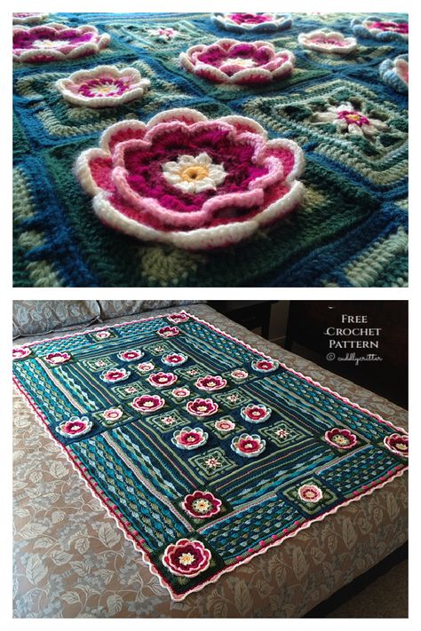 Lily Pond Blanket Free Crochet Pattern - DIY Magazine Monet Crochet Blanket, Lily Pond Crochet Blanket, Crochet Pond Blanket, Water Lily Crochet Pattern Free, Crochet Lily Pad Blanket, Lily Pad Blanket, Water Lily Crochet Pattern, Lotus Granny Square, Crochet Lilypad