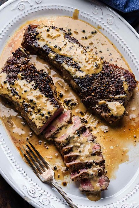 Au Poivre Sauce, Crusted Steak, Peppercorn Steak, Sip And Feast, Sauce Au Poivre, Roasted Garlic Mashed Potatoes, French Recipe, Ny Strip Steak, Peppercorn Sauce