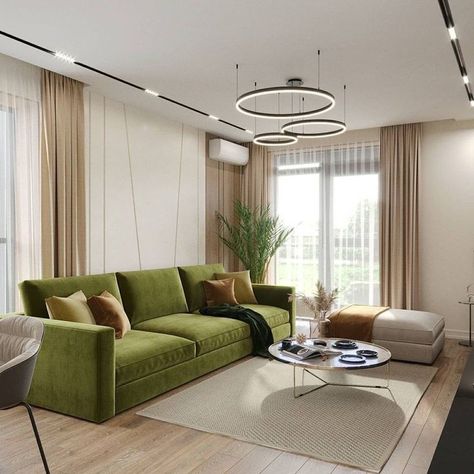 Green Sofa Living, Condo Interior Design, Hall Interior Design, Hotel Room Design, Wardrobe Design Bedroom, Living Room Design Decor, Living Room Bookcase, Home Design Living Room, Dream House Interior