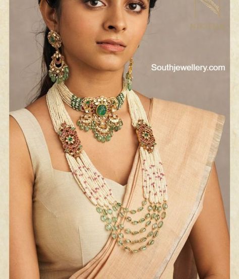 Multi strand pearl choker and layered haram photo Satlada Necklace, Kundan Haram, Ruby Choker, Beads Haram, Polki Pendant, Baguette Necklace, Antique Necklaces Design, Diamond Baguette, Gold Necklace Indian Bridal Jewelry